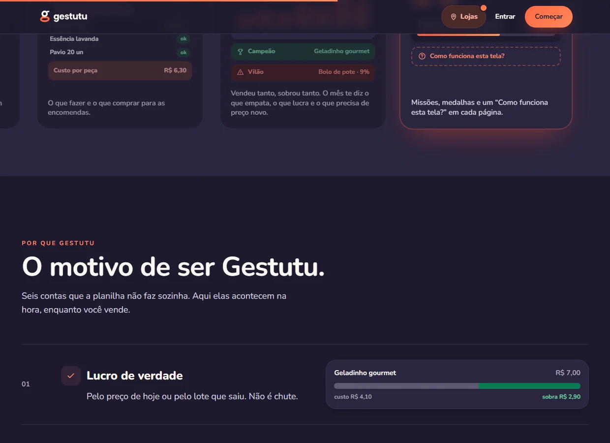 Telas do Gestutu: números do mês com campeão e vilão, e a seção Por que Gestutu com o lucro de verdade de cada produto